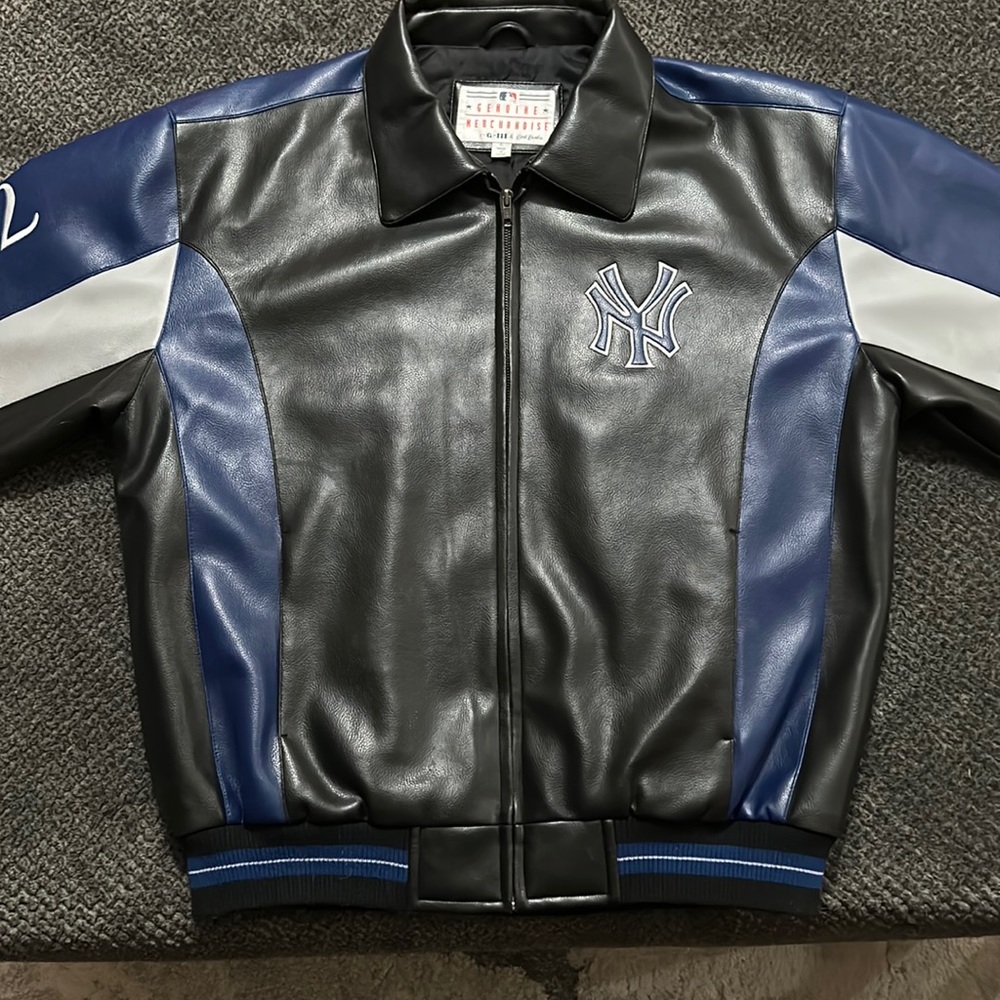 MLB New York Yankees Leather Varsity Jacket Men’s Black Blue Bomber NY Logo